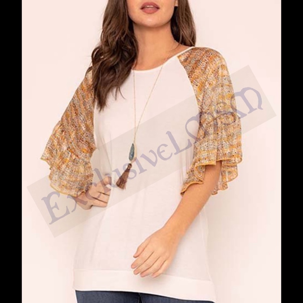 (S-XL) Ivory Floral Chiffon Sleeve Top